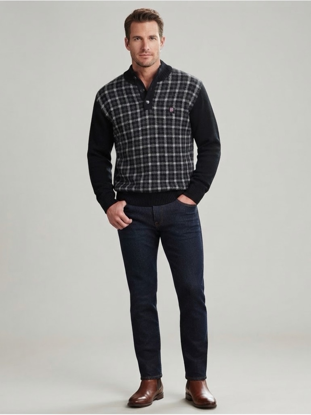 Chaps Ralph Lauren Men’s Xl Sweater Cotton Black Gray Plaid Mock Neck Button Top
